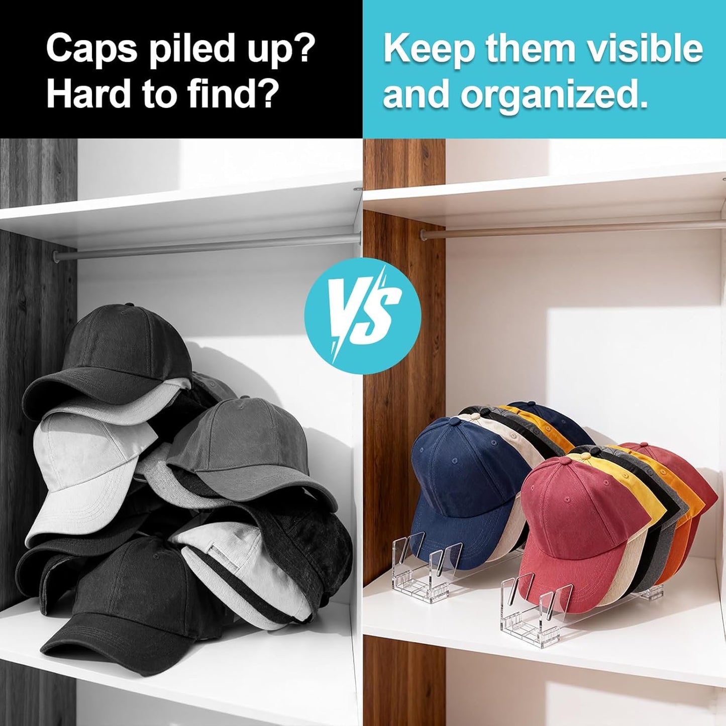 Hat Organizer for Baseball Caps, 2 Pack Upgrade Acrylic Hat Stand for 14 Baseball Caps Storage Organizer, Easy Install Hat Holder Display and Organization for Bedroom, Closet, Dresser-Clear