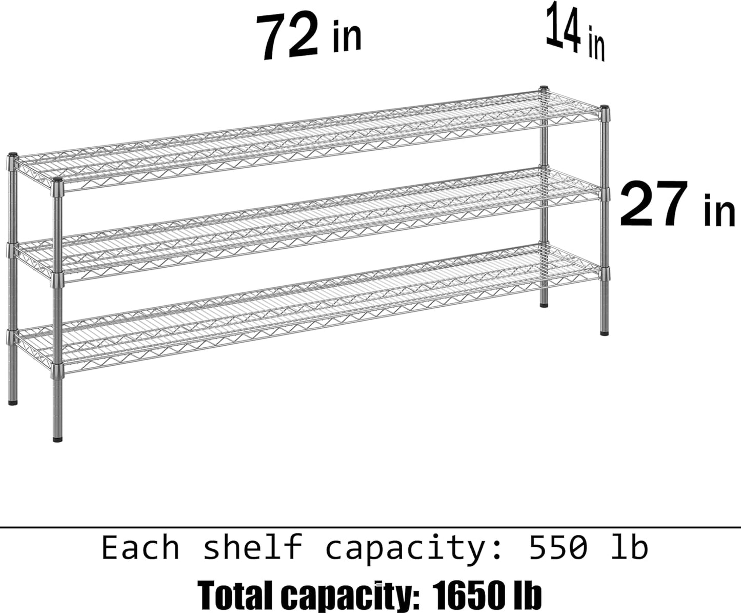 14" Deep x 72" Wide x 27" Height Wire Shelving Kit | 3-Tier | NSF Commercial Storage Rack Unit