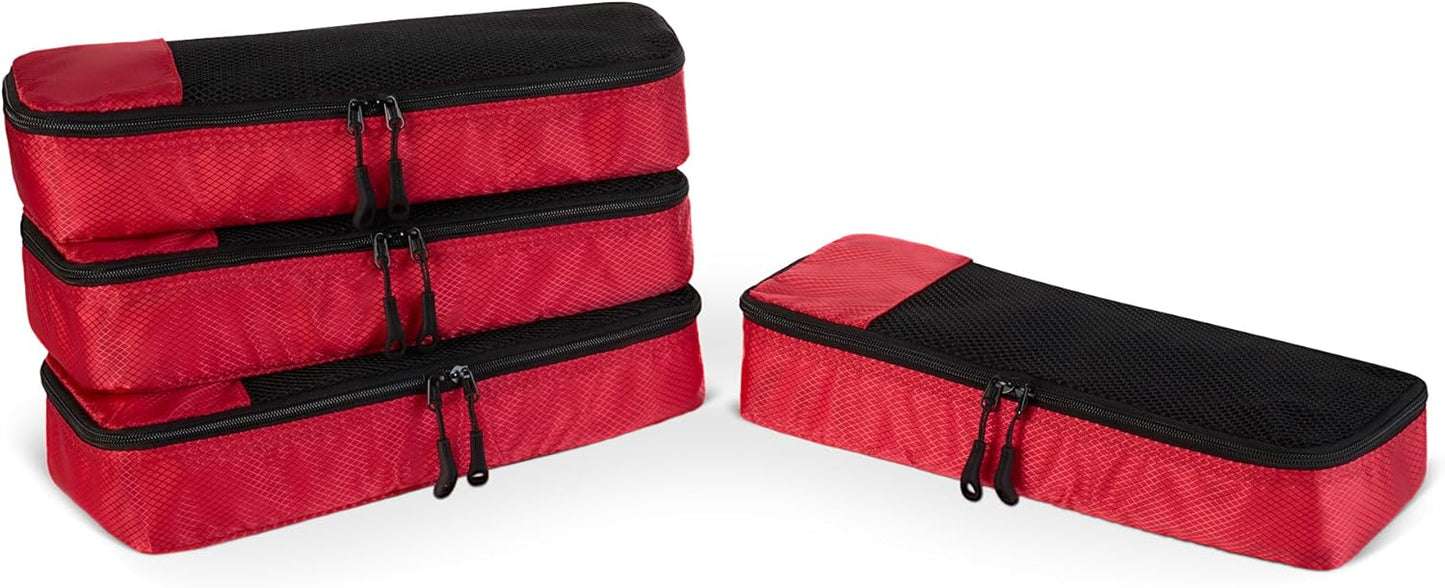 Amazon Essentials 4-Piece Packing Cubes Travel Accessories Set, Luggage Organizer with Double Zipper, Mesh Top, 100% Polyester, Slim, Red (Previously Amazon Basics)