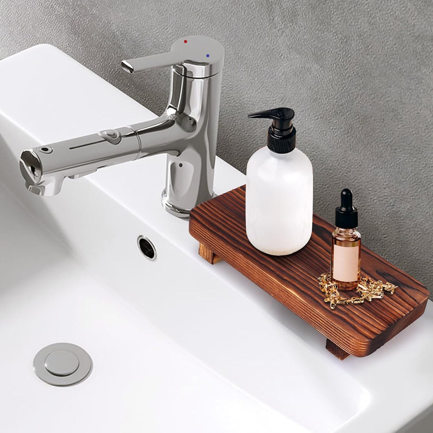 Small Brown Bathroom Decor Tray for Counter Dish Soap Holder Wooden Pedestal Stand for Kitchen Sink Soap Dispenser Wood Risers Kitchen Accessories Countertop Vanity Counter Decorative Tray