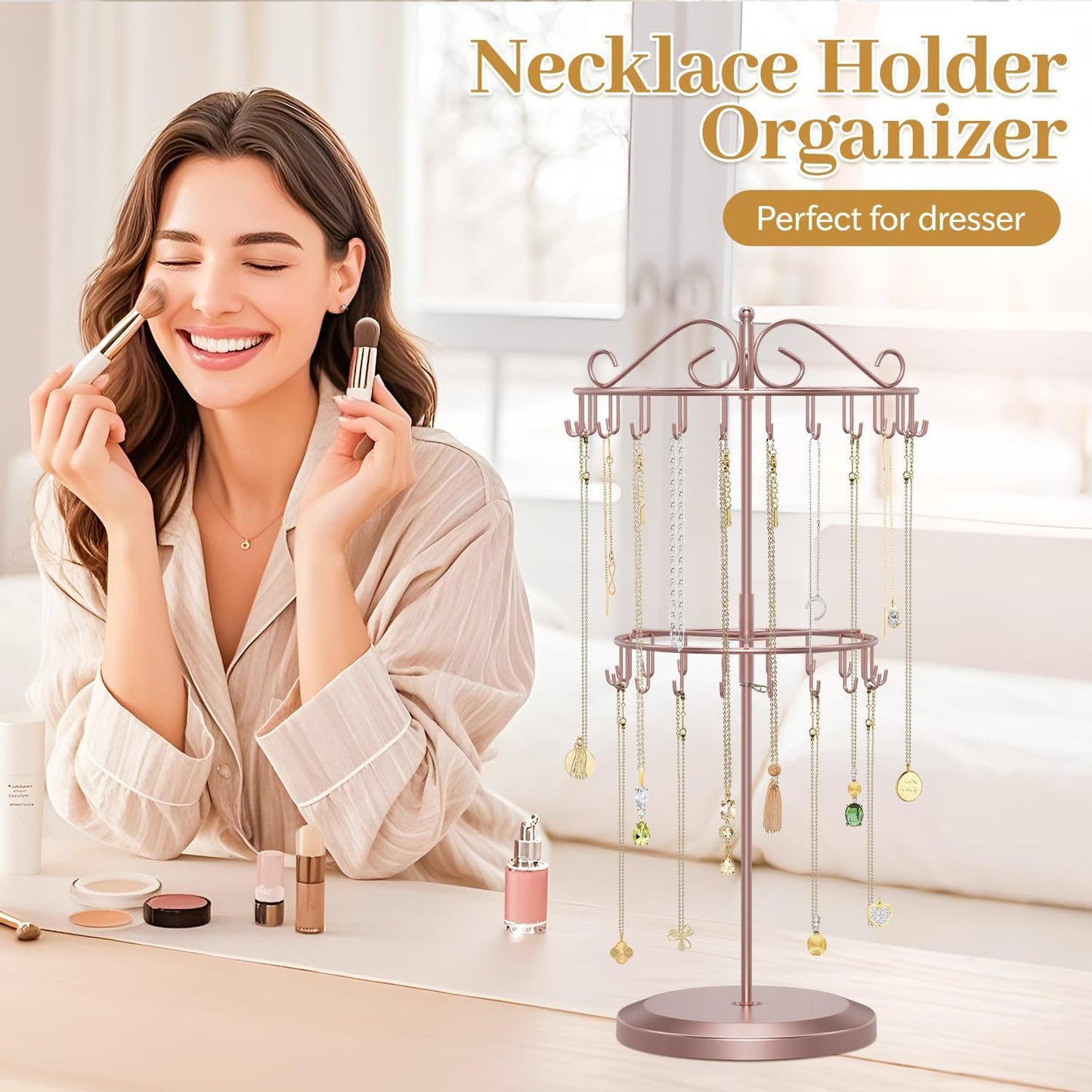 MODOWEY Rotating Necklace Holder Organizer Display Stand with 42 Hooks, 2 Tier Adjustable Metal Tree for Long Necklace Hanger, Tall Spinning Bracelet Storage Rack for Men Women, Rose gold