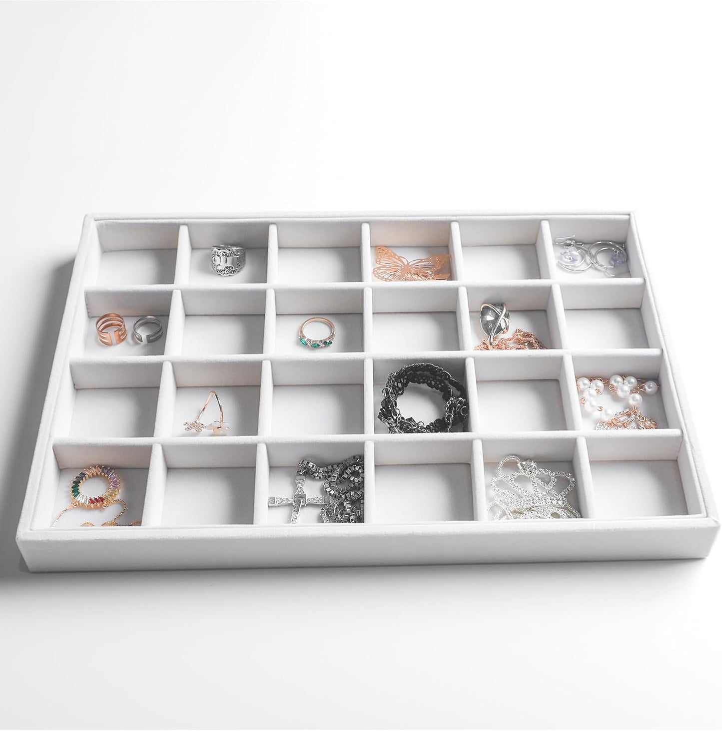 Frebeauty Stackable Velvet Jewelry Organizer Trays for Drawers Inserts Jewelry Storage Tray Display Case, Stud Earrings Bracelets Necklace Rings Accessories Trays for Women(Set of 2)(White)