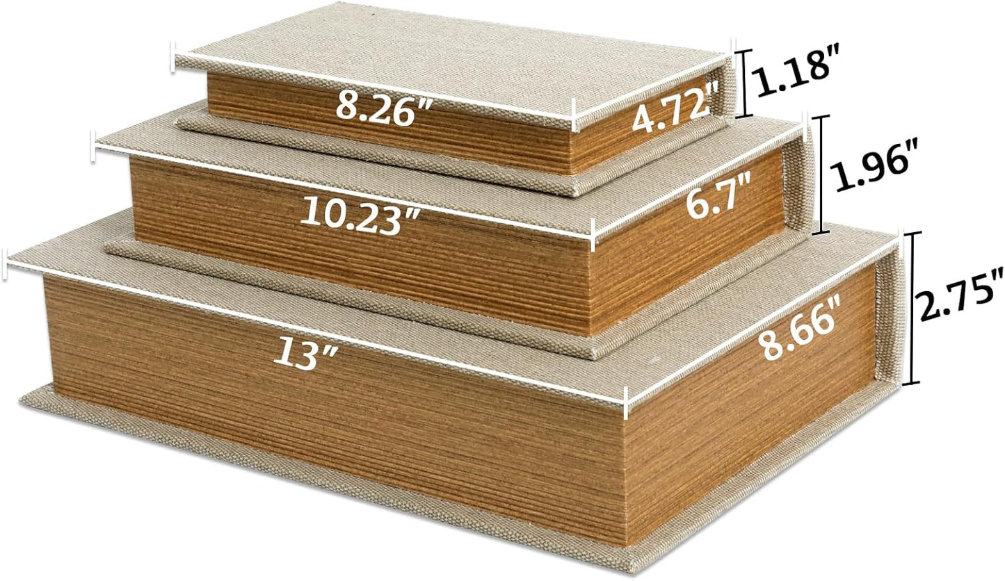 Modern Linen and Wood Decorative Faux Book Boxes Set of 3-13",10",8" - Linen