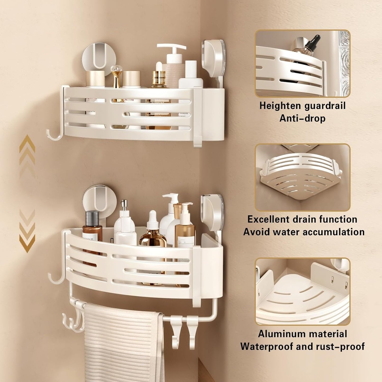 VOLPONE Corner Shower Caddy Suction Cup Shower Shelf Corner No Drilling Bathroom Shower Organizer Storage Rack Adhesive with Towel Bar Hooks(2-Pack, Ivory)