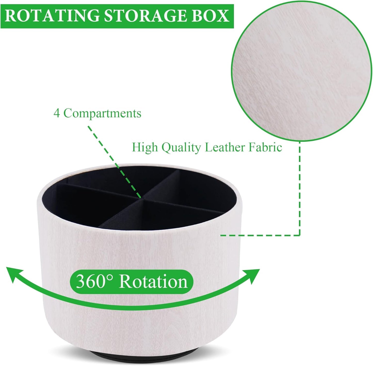Round Leather Art Supply Organizer,Remote Control Holder,360 Degree Spinning,Multi-Functional Pencil Holder,4 Compartments Desktop Stationary Organizer(1-Thin Wood White)