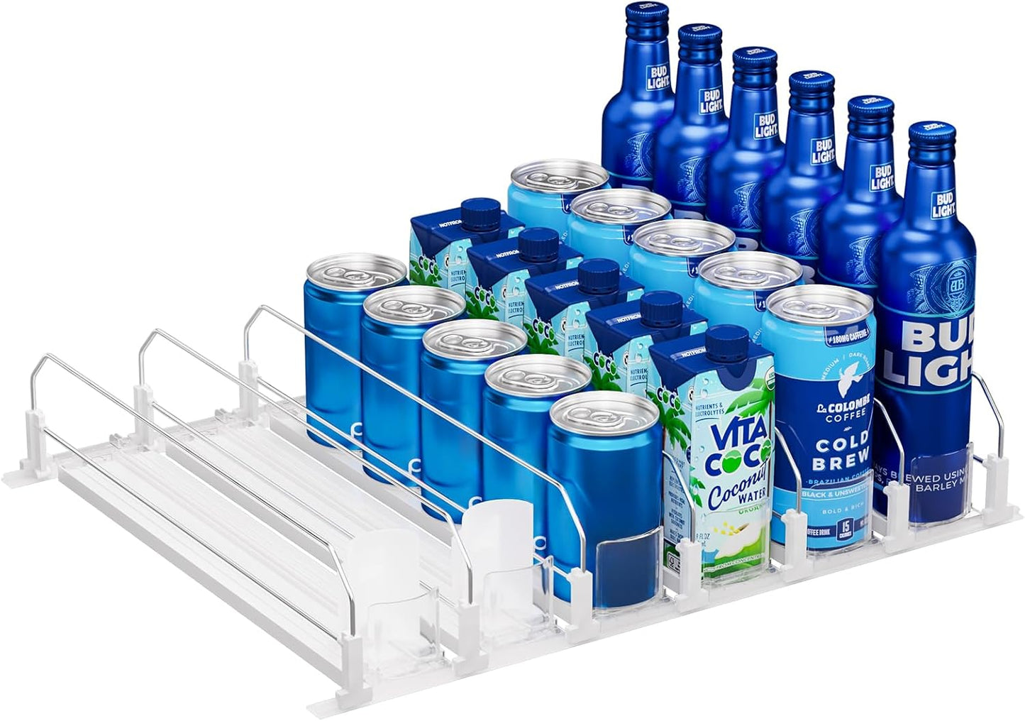 Puricon Drink Organizer for Fridge Pusher Glide, Spring Loaded Fridge Drink Dispenser, Self Pushing Soda Can Organizer for Refrigerator, Beer Bottle Beverage Organizer Drink Holder -6 Rows, White