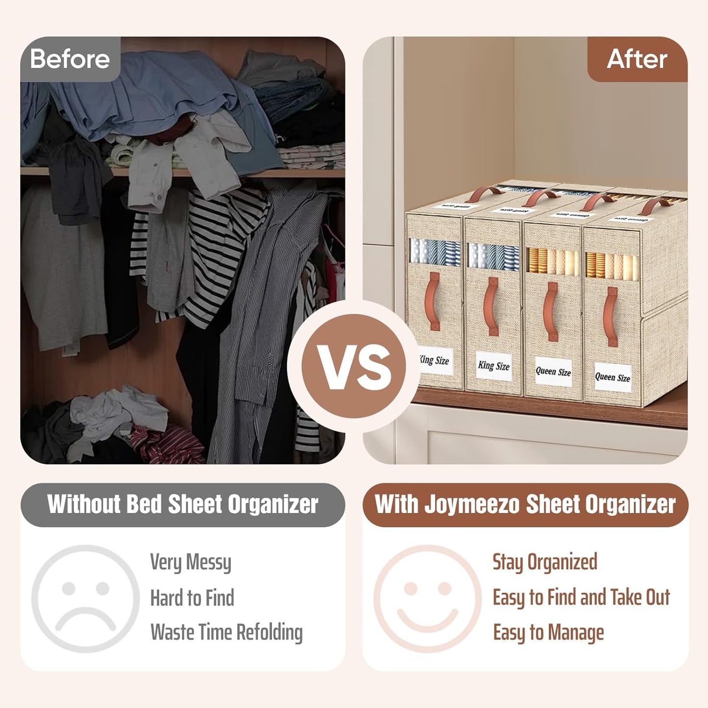 6 Pack Bed Sheet Organizers and Storage(King &Queen Size) with an Elastic Strap, Foldable Closet Linen Sheet Storage Container, Sheet Set Box for Blanket, Duvet Cover and Pillowcase, Beige