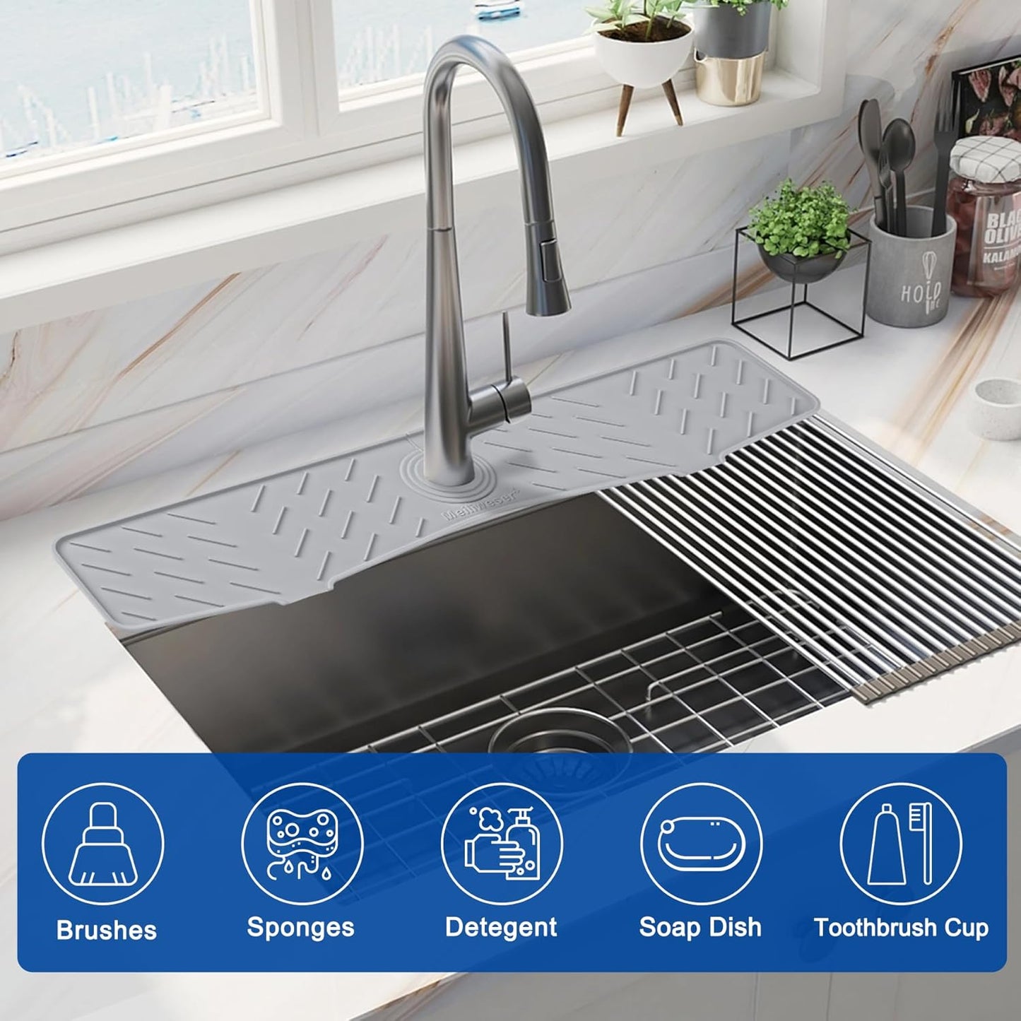 Meiliweser Faucet Mat for Kitchen Sink – 24” x 5.1” Extra-Long Silicone Splash Guard with 10° Slope & Upgraded Drainage – Gen 3 Sink Water Catcher & Sponge Holder for Kitchen, Bathroom (Gray)