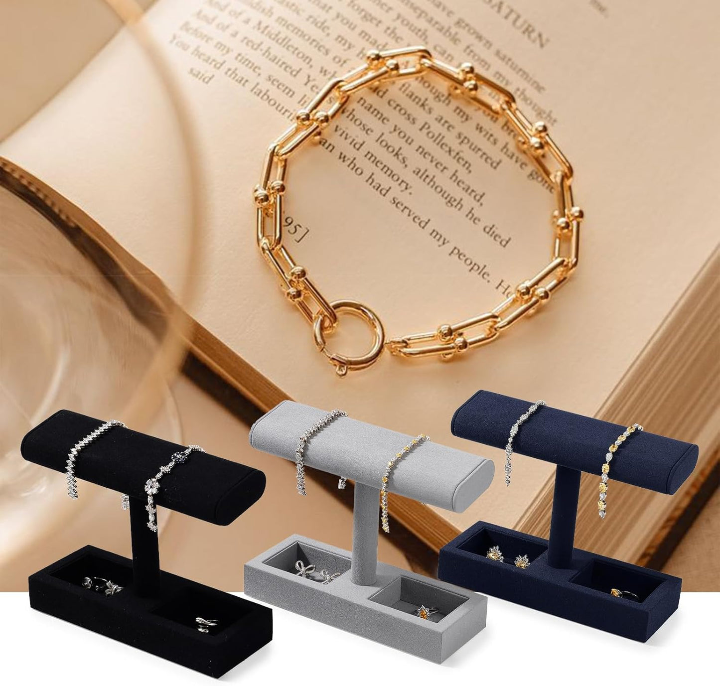 Oirlv Microfiber T-Bar Watch Display Stand Jewelry Display Props Jewelry Organizer Holder for Watch Bracelet Ring Earrings (Black,Microfiber)