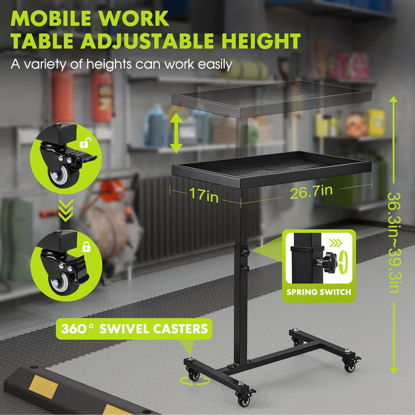 Adjustable Work Table with Wheels, Mechanic Rolling Tool Tray Table for Garage Repair Shops DIY, 220LBS Capacity Mobile Heavy Duty Steel Tool Cart (Black)