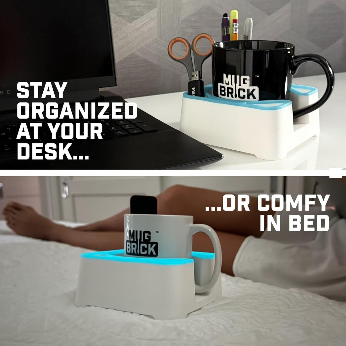 MugBrick Drink Holder for Couch, Bed, Car, Boat - Non-Spill Table and Desk Cup Holder, Tip Proof Spill Prevention Organizer, White + Blue Glow