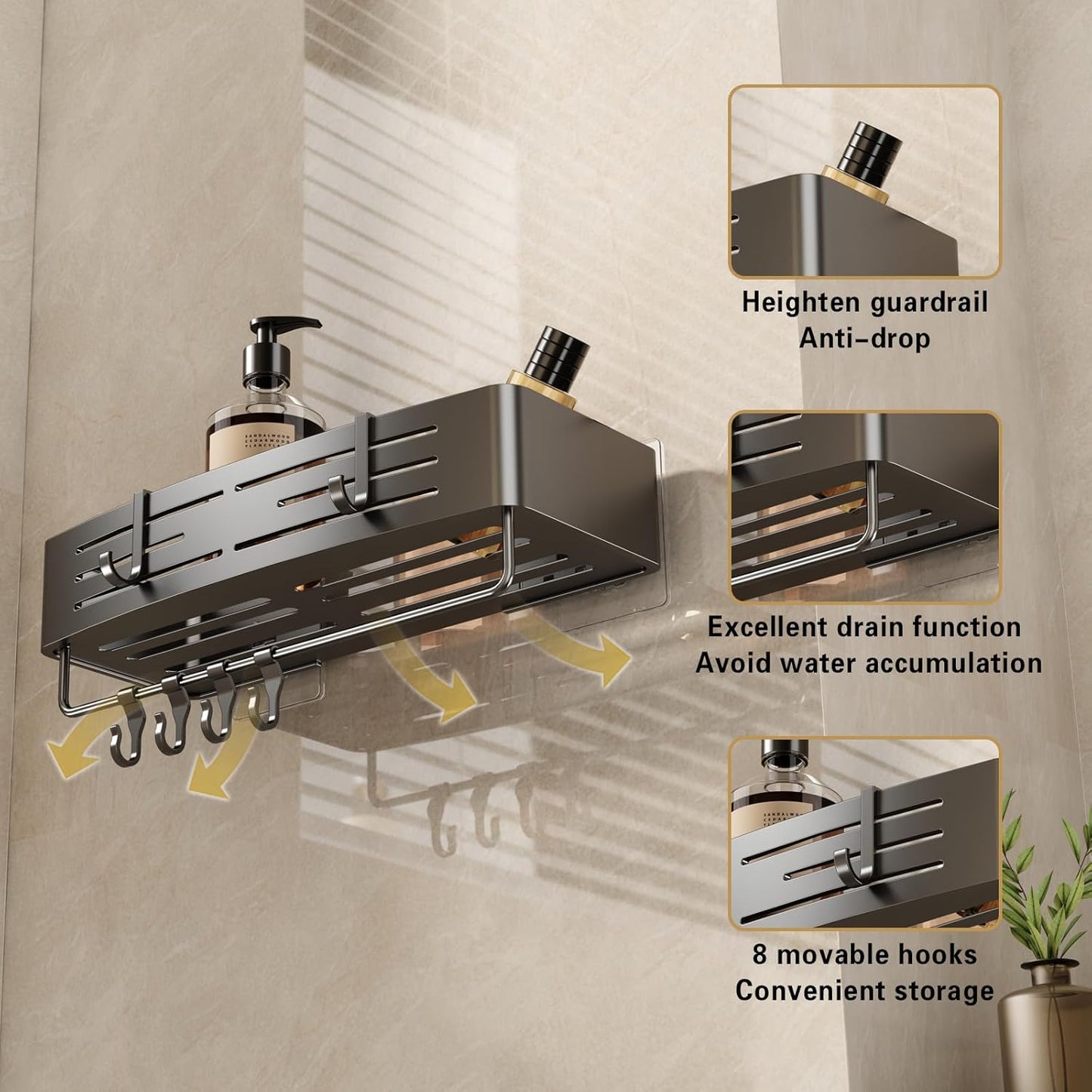 VOLPONE Shower Caddy No Drilling Shower Shelves for Inside Shower Heavy Duty Bathroom Organizer Storage Rack Adhesive with Towel Bar Hooks (2-Pack, Matte Gray)