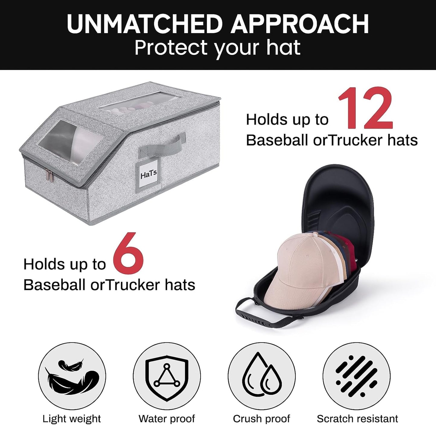 One set hat Storage for Baseball Caps,Gery Stackable box holds up to 18 Caps Hat Organizer for Closet, Black Baseball Cap and Adjustable Shoulder Strap, Hat Organizer Holder Bag for 6 Baseball Caps.