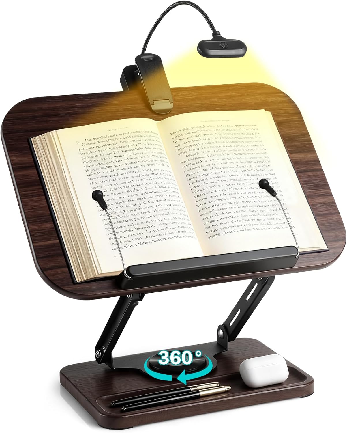 Book Stand with Light & Storage, Book Holders for Reading Hands Free, Wooden Cookbook Stand with Adjustable Height & 360 °Angle for Recipe,Magazine,Laptop,Tablet, Bible