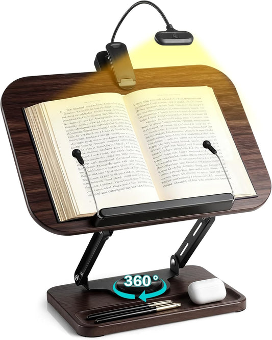 Book Stand with Light & Storage, Book Holders for Reading Hands Free, Wooden Cookbook Stand with Adjustable Height & 360 °Angle for Recipe,Magazine,Laptop,Tablet, Bible