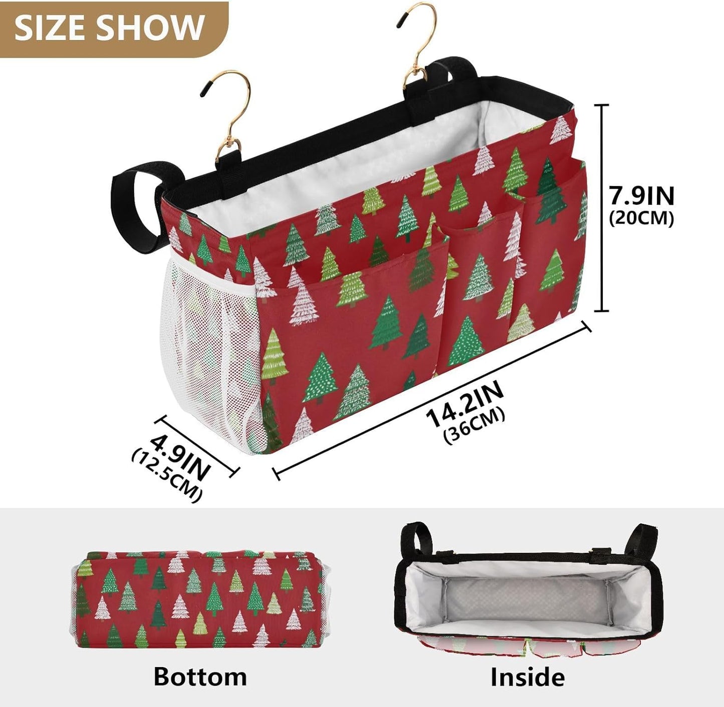 Christmas Trees White Green Bedside Caddy for Dorm Bed Bedside Hanging Caddy Bag Iron Frame Storage Organizer Pocket for Bunk Home College Hospital Beds 2 Hooks