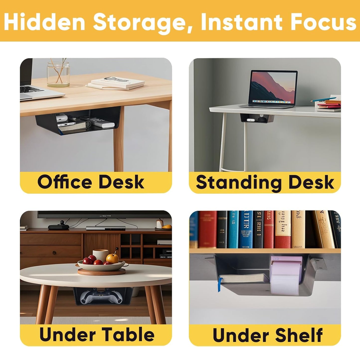 4 Pack Under Desk Hanging Shelf Drawer Organizer, Attachable Plastic Hidden Storage Tray, Easy Adhesive Mount Holder for Standing Tables, Office, Counters, Cabinets, Workstations - Black