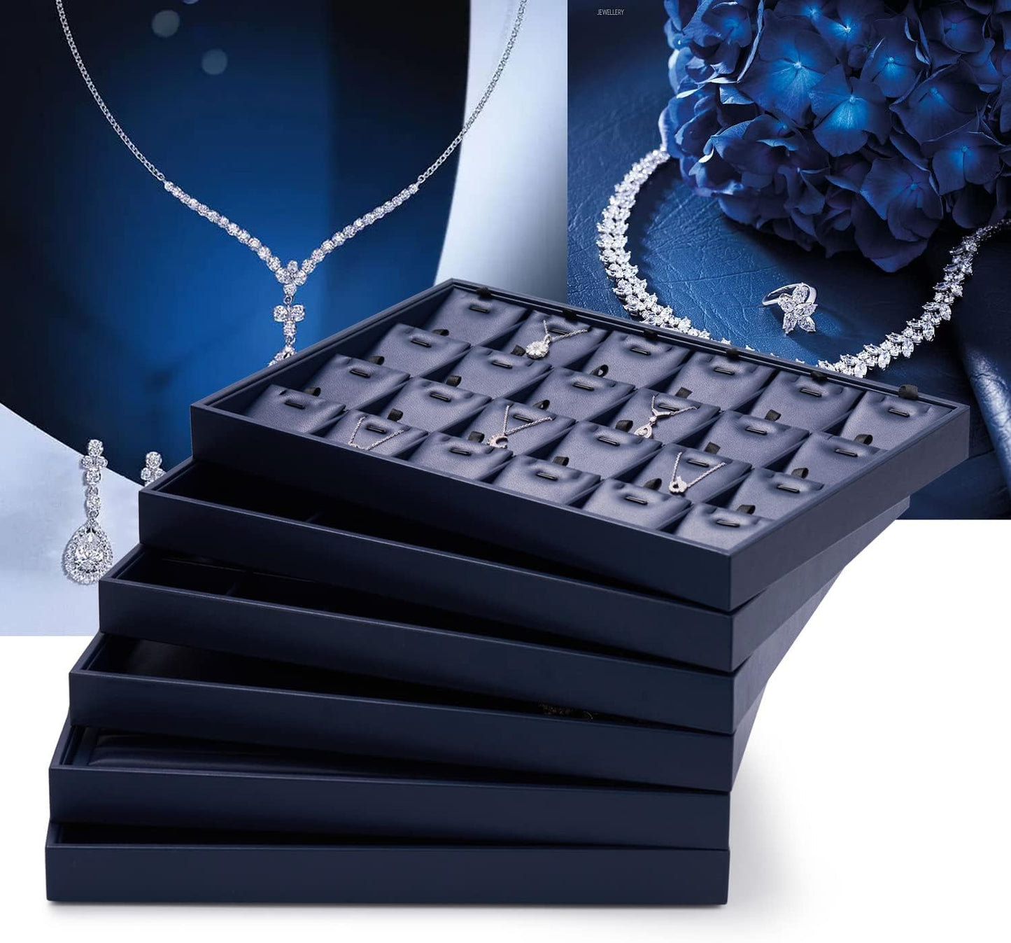 Oirlv Elegant Blue Jewelry Display Tray Stackable Jewelry Trays Jewelry Drawer Organizer Rings Earrings Necklace Storage