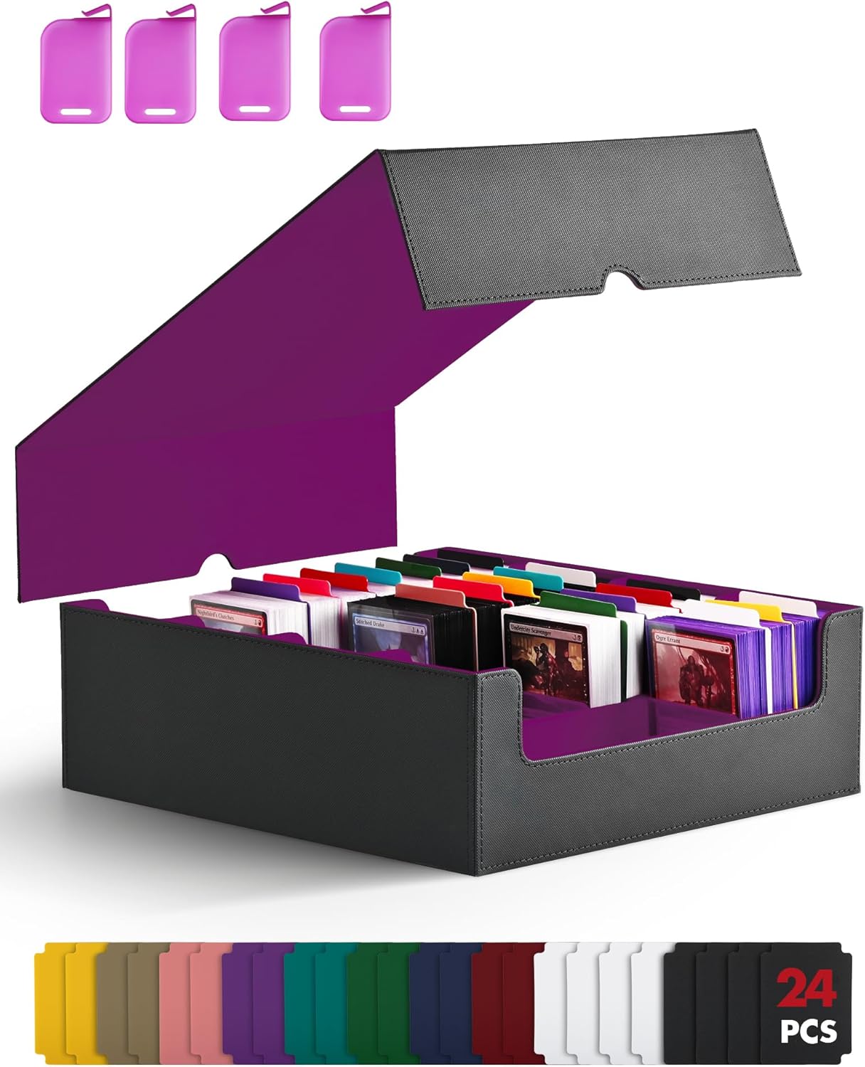 ZLCA Card Storage Box for MTG PTCG, Commander Deck Box Holds 3200+ Cards, Trading Card Storage Case with 4 Stoppers, Card Organizer for TCG Sport Cards(Black&Purple)