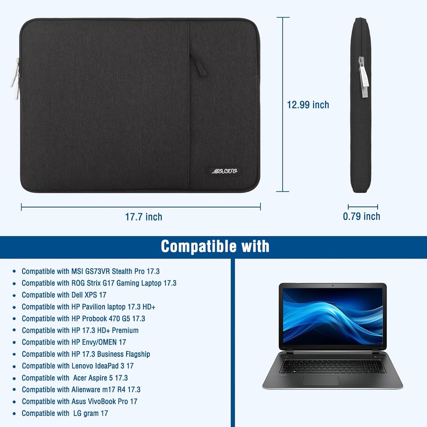 MOSISO Laptop Case 17.3 inch, 17-17.3 inch Laptop Sleeve Compatible with Dell, HP, Lenovo, Asus, Acer, Alienware, Polyester Vertical Computer Sleeve Bag with Pocket, Black