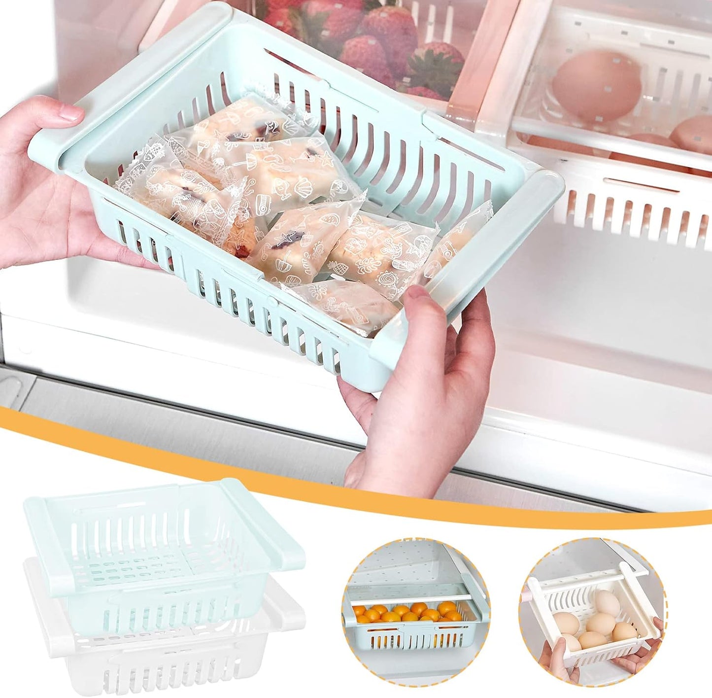 Refrigerator Drawer Organizer 2 Packs Retractable Drawer Refrigerator Storage Box, Unique Design Pull Out Storage Box, Sliding Shelves Refrigerator Hanging Organizer