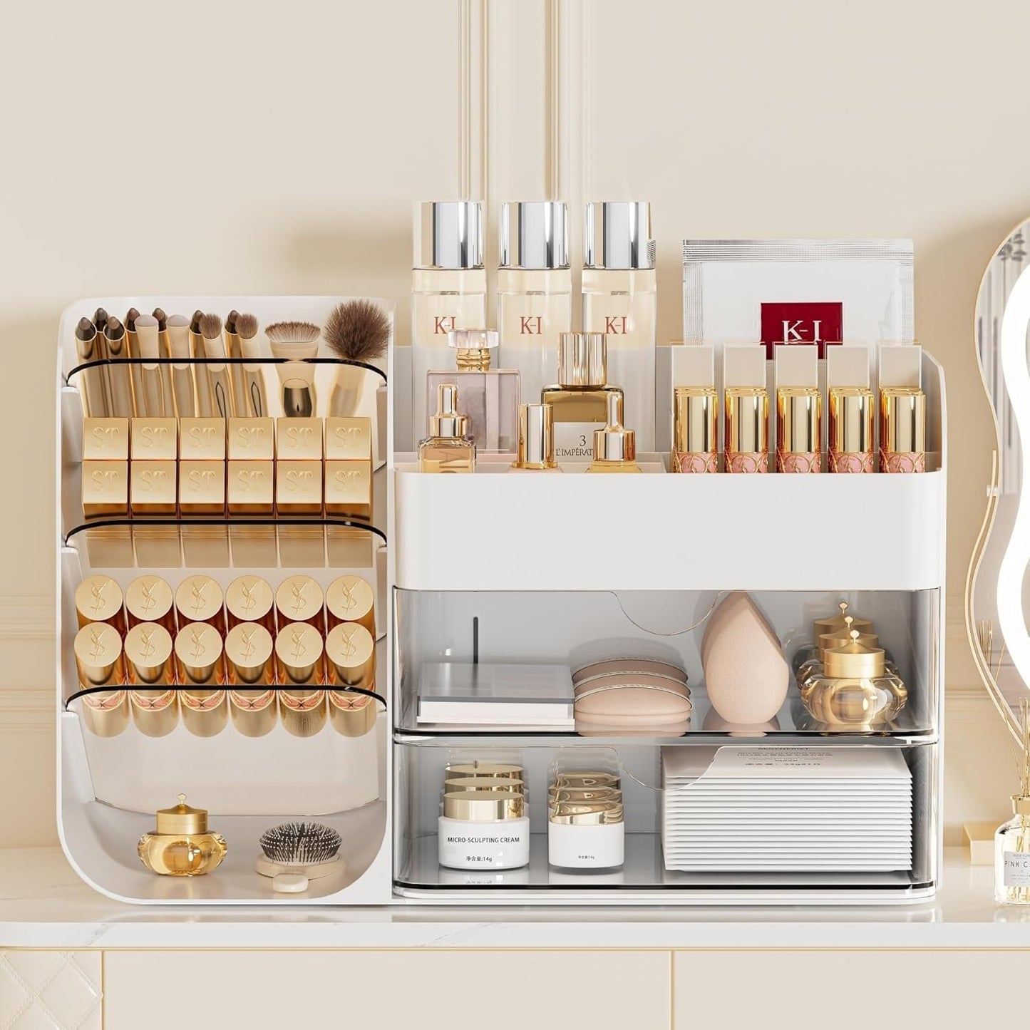 Makeup Organizer with Drawers,Large Capacity Countertop Organizer for Vanity,Bathroom and Bedroom Desk Cosmetics Organizer,Easy To Storage Skincare,Brushes, Eyeshadow,Lipstick (White, Large)