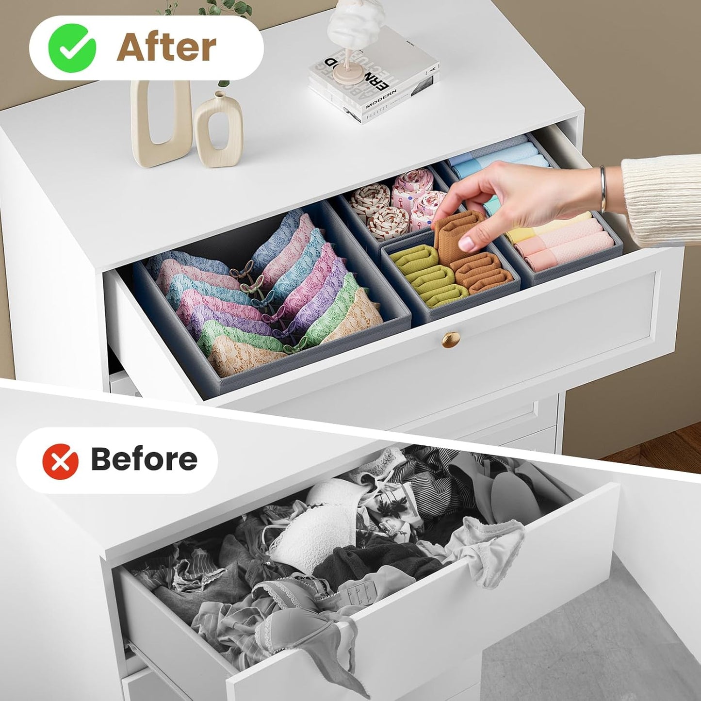 Drawer Organizer Clothes, 16 Pack Drawer Organizers and Underwear Organizer for Nursery, Dividers Clothes Organizer, Closet Organization and Foldable Storage Bins for Socks, Bra, Tie, Grey