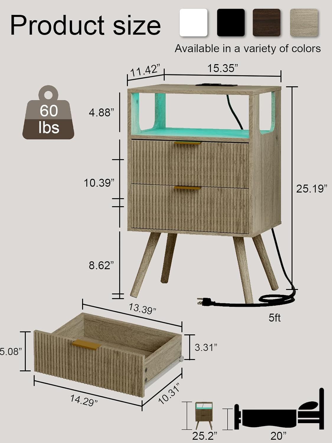 Nightstand with Charging Station and LED Lights, Modern Bedside Table with 2 Storage Drawer and Open Wood Shelf for Bedroom and Small Spaces, Night Stand with Solid Wood Legs