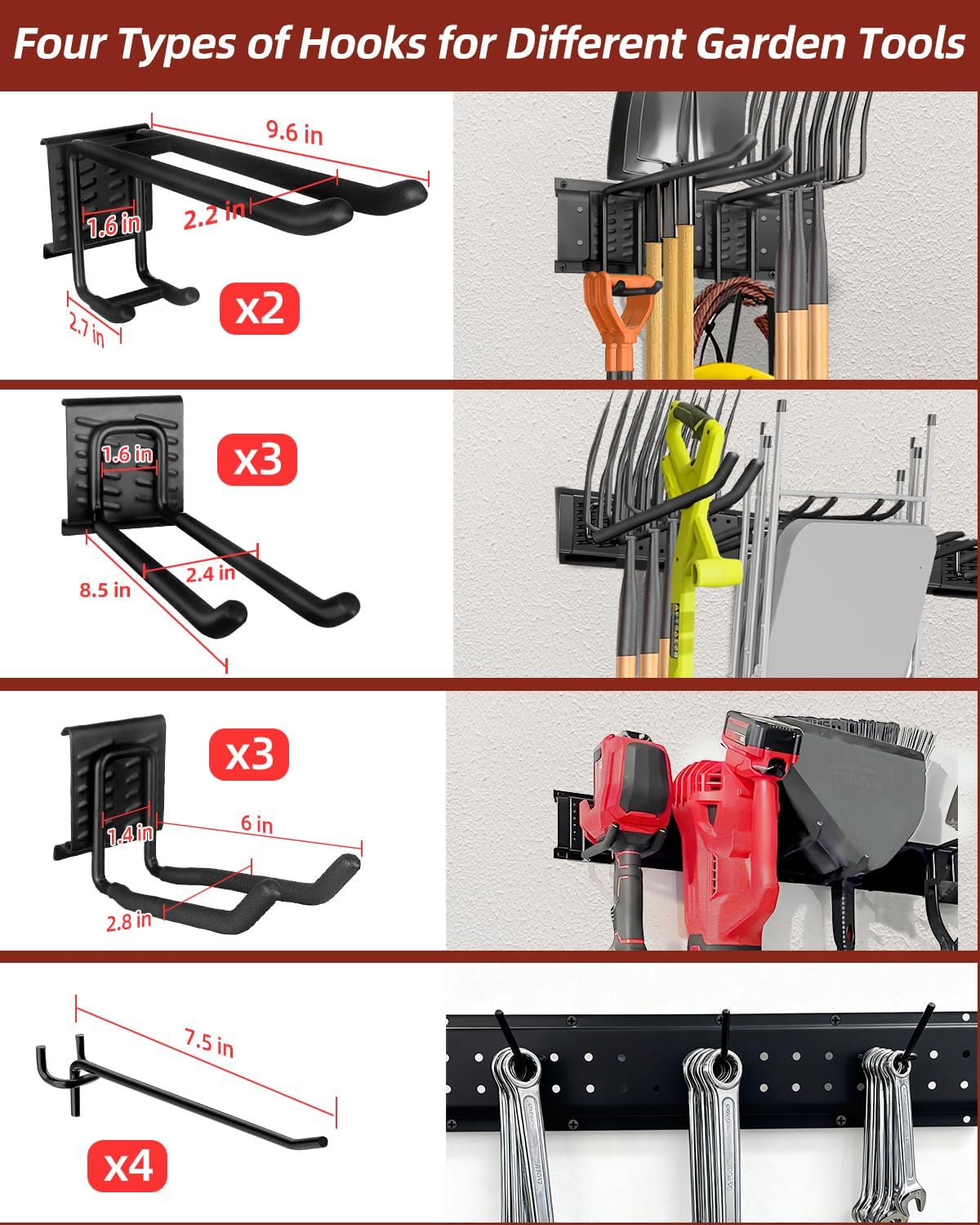 64-Inch Garage Storage Tool Organizer Wall Mount, Heavy Duty Garage Organization Metal Rack with 12 Hooks, Garden Tool Hanger Holder for Broom, Shovels, Ladders, Lawn Tools