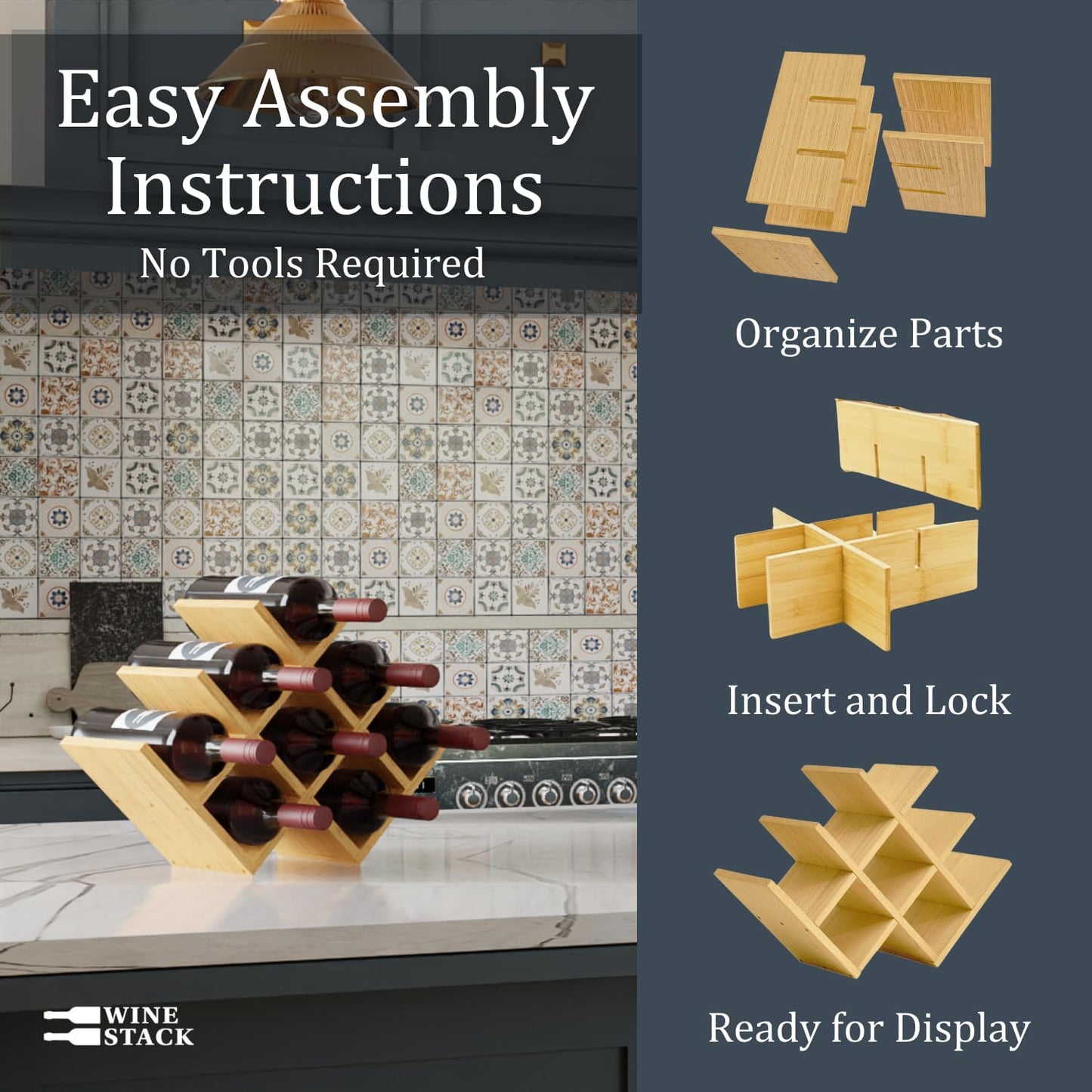 8 Bottle Bamboo Small Wine Rack for Countertop, No Tools Assembly, Modern Lattice Design, Durable, Wine and Liquor Bottle Storage for Small Spaces