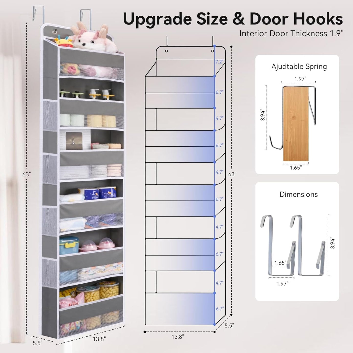 WishJazz 6-Shelf Over The Door Organizer, 50lbs Load Heavy Duty Back of Door Hanging Organizer Storage, Behind Closet Door Organizer, Baby Organizers Storage for Nursery, Pantry, Bedroom, Home Storage