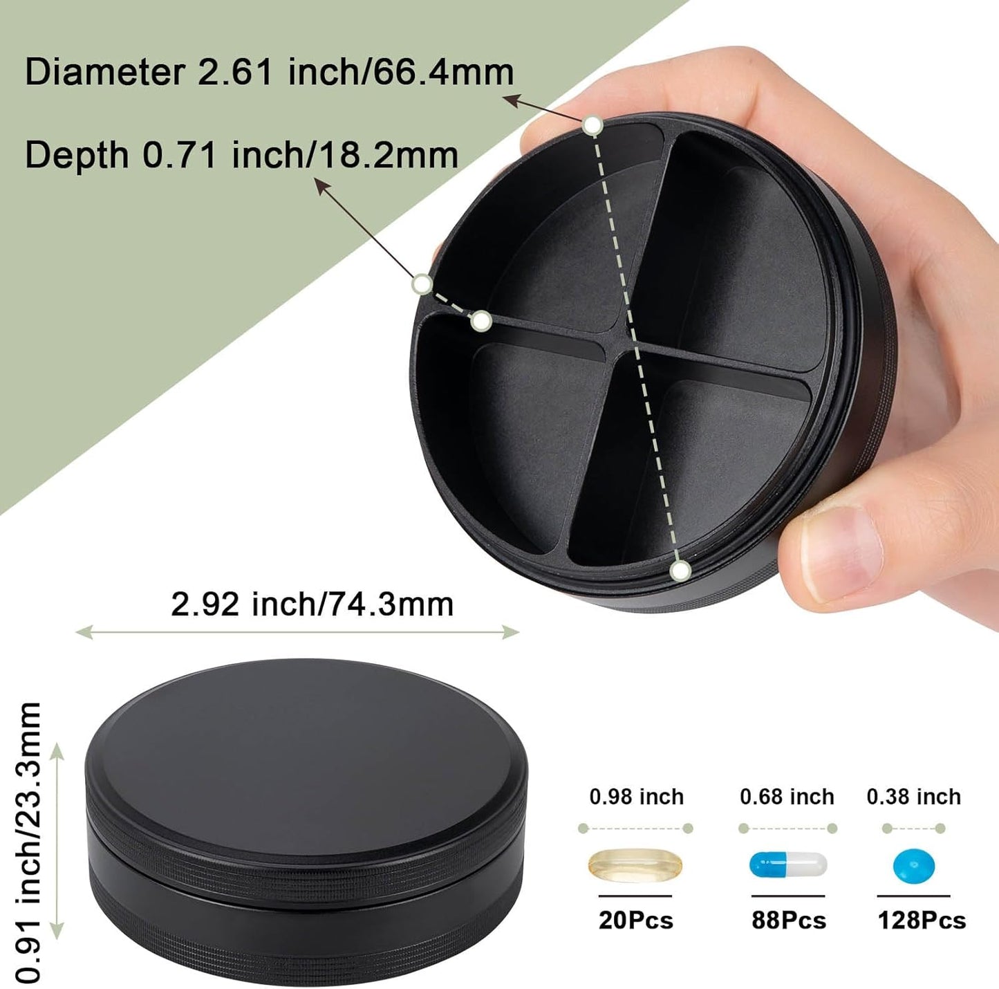 Daily Pill Organizer 4 Compartments - Metal Small Pill Case Waterproof, Travel Pill Box for Purse, Compact Medicine Container Pill Dispensers Holder for Vitamin, Fish Oil, Supplement (Black)