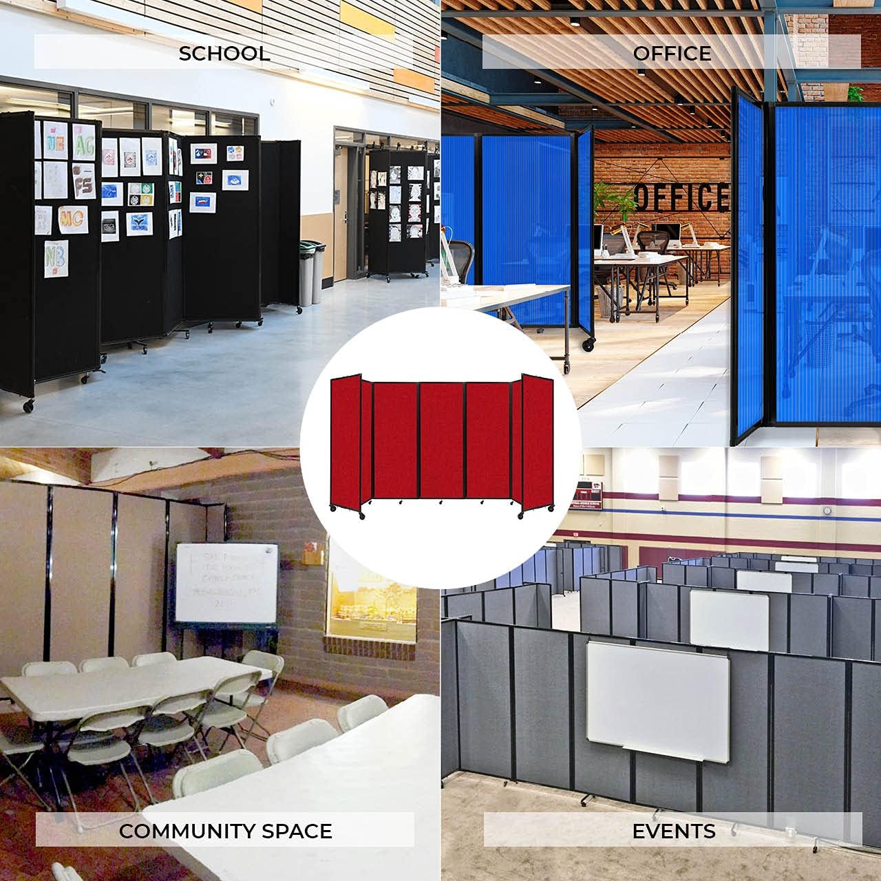Versare Room Divider 360 Portable Wall Partition | Folding Panels | Large Freestanding Divider | Locking Wheels | Temporary Room Separator | 14' x 7'6'', Red