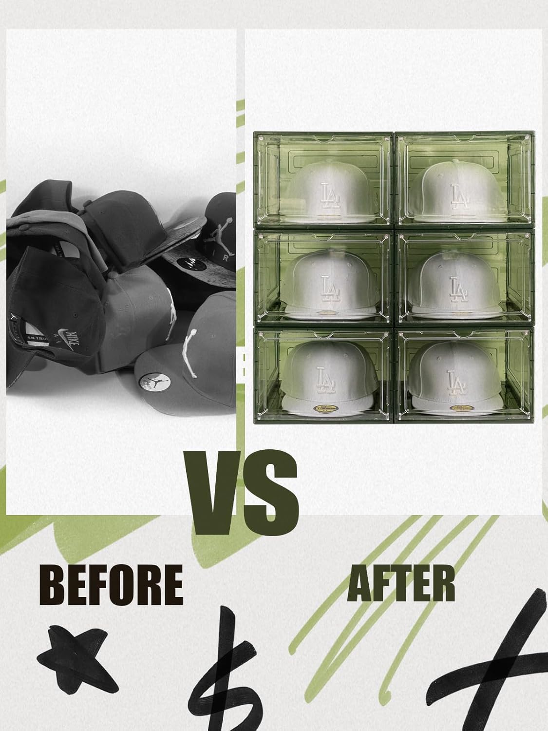 6 Pack Hat Organizer Box, Stackable Clear Baseball Caps Holder Box Containers with Magnetic Door for Hats Snapback Cap Storag, Hat Rack Display Case, Holds 8 Hats Each (Green)