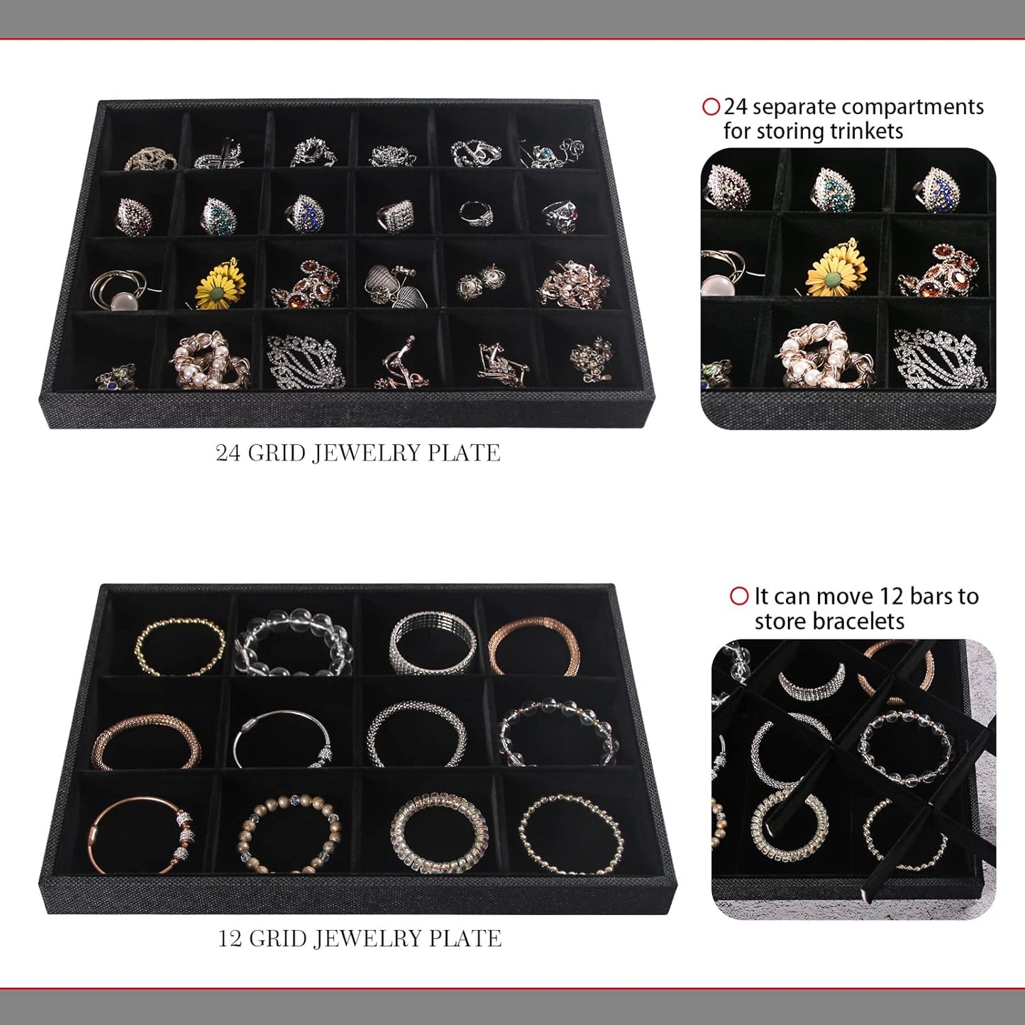 Julysky 4 Pcs/set Stackable Jewelry Organizer Trays with Glass Lid,100 Slots Ring Holder,Bracelet Displays Stand for Selling Necklace Earring Rack
