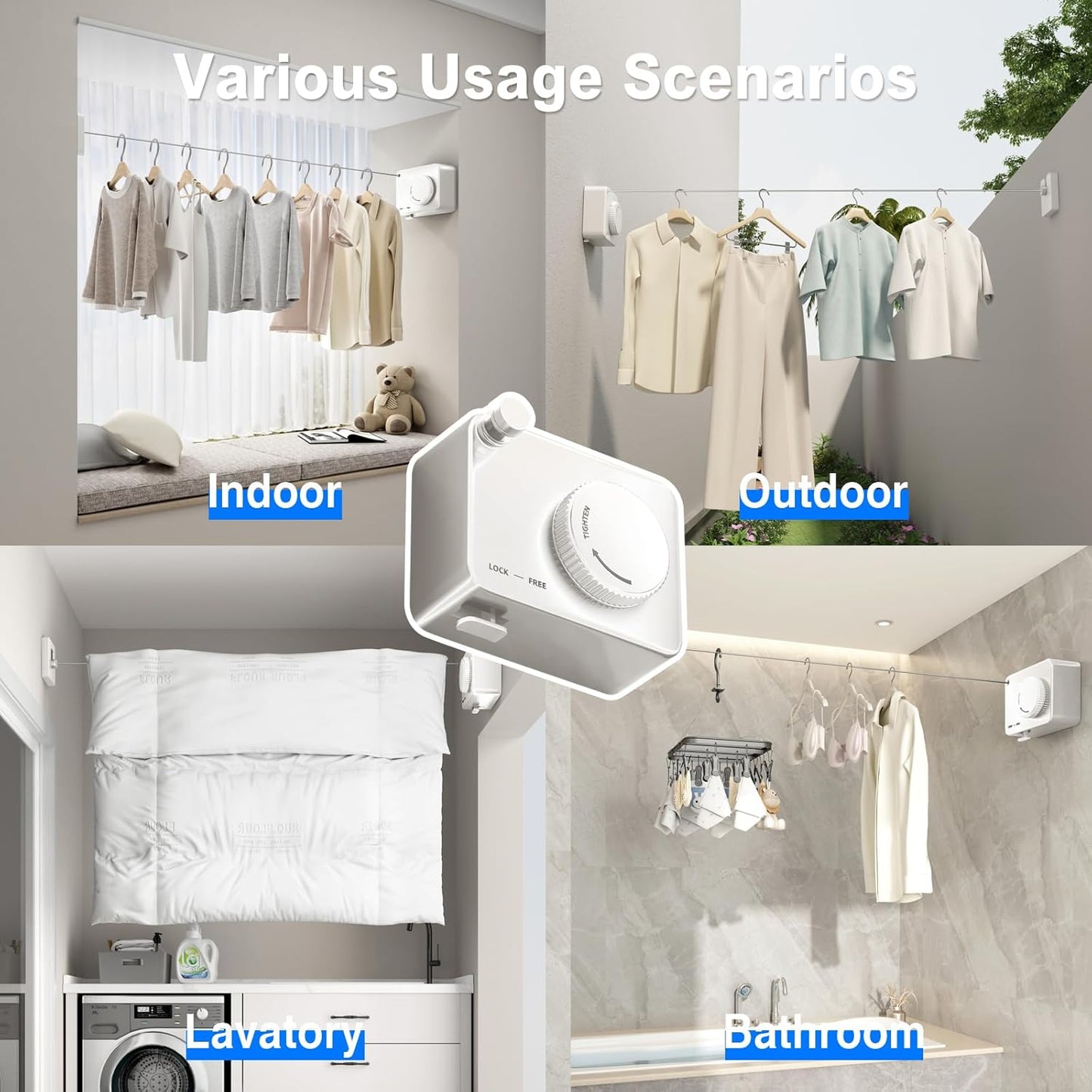 Retractable Clothesline Indoor, Non-Sagging Outdoor Clothes Line Retracting Heavy Duty Clothes Drying Laundry Line Wall Mounted Stainless Steel Line-13.8 Feets(White)
