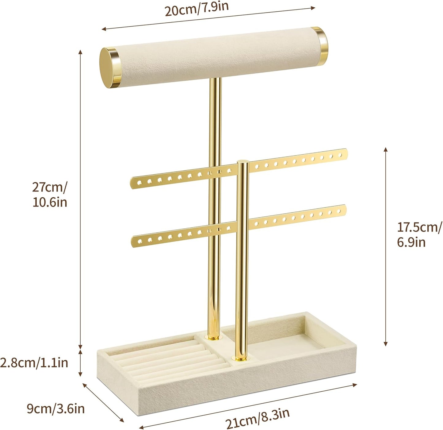 2 Tier Bracelet Holder Display - Detachable T Bar Beige Velvet Bracelet Holder, Jewelry Holder Organizer for Bracelet, Necklace, Earrings, Rings