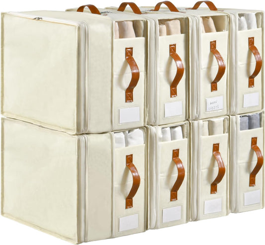 Bed Sheet Organizers and Storage, 8 Pack Linen Closet Organizers with Adjustable Zipper, Foldable Bedding Storage for Queen or King Size Bedsheets, Duvet Covers and Pillows