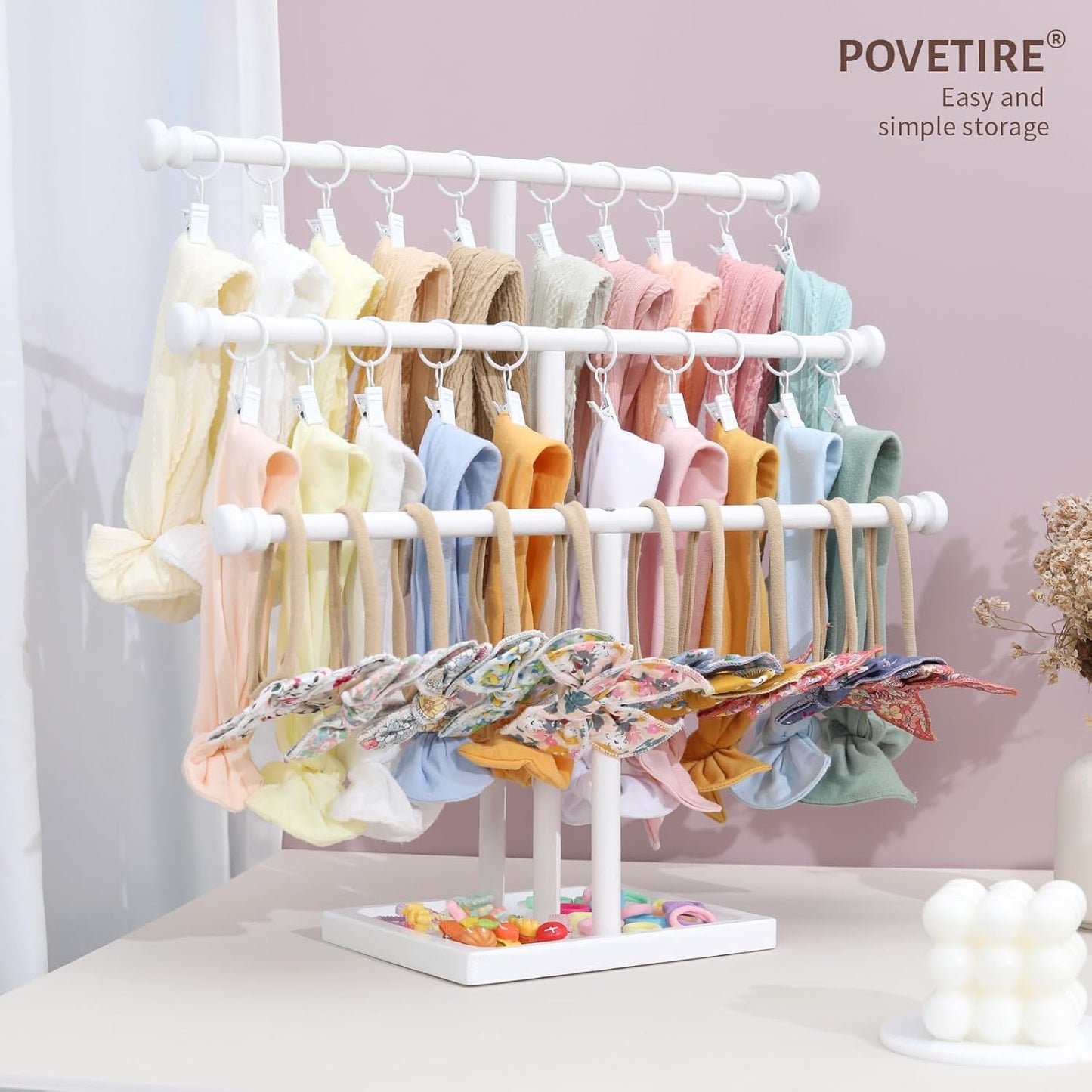 POVETIRE Headband Holder Stand Storage for Baby, 3 Tier Wooden Bow Organizer for Girls Hair Bows, Infant Hair Accessories Rack Display for Nursery Decor