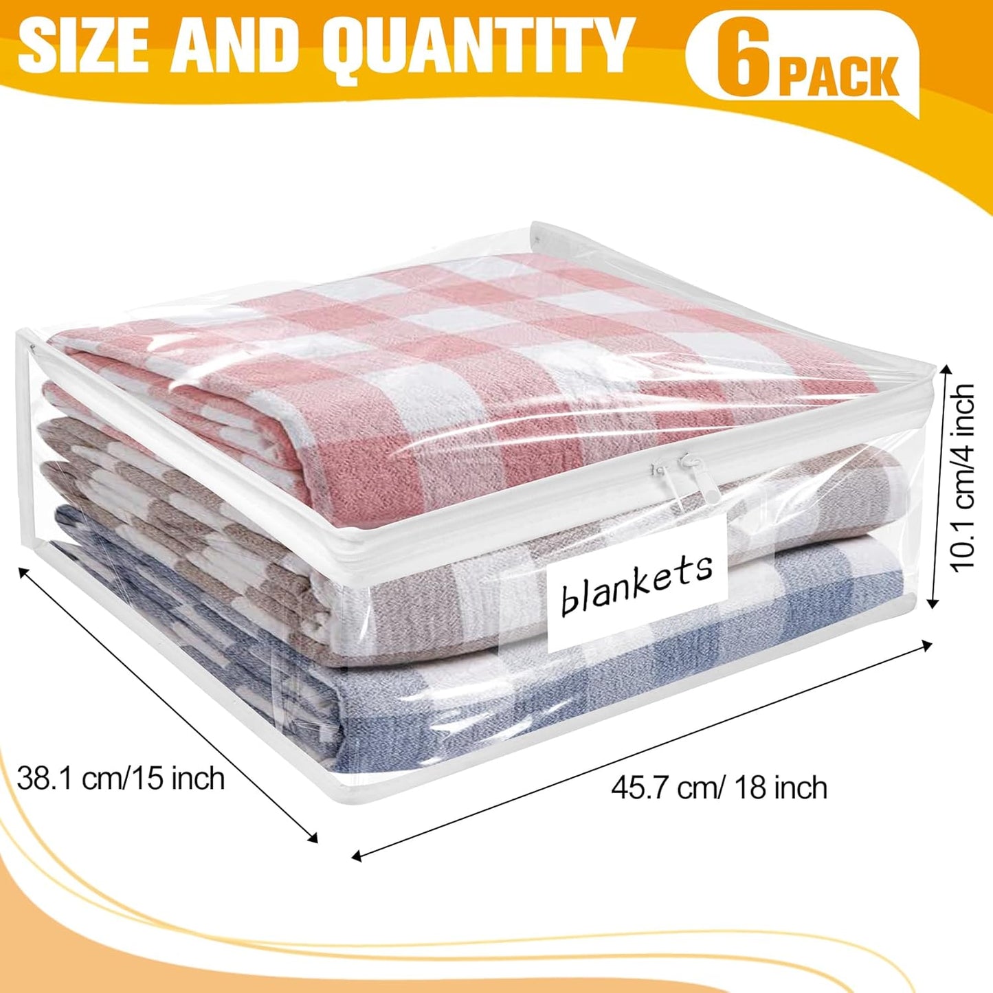 Plastic Storage Bags with Easy-Glide Zipper, Pack of 6, Durable Clear Vinyl Zippered Storage Bags for Clothes Sweaters Comforters Blankets Sheets Bedding (18 x 15 x 4 Inch)