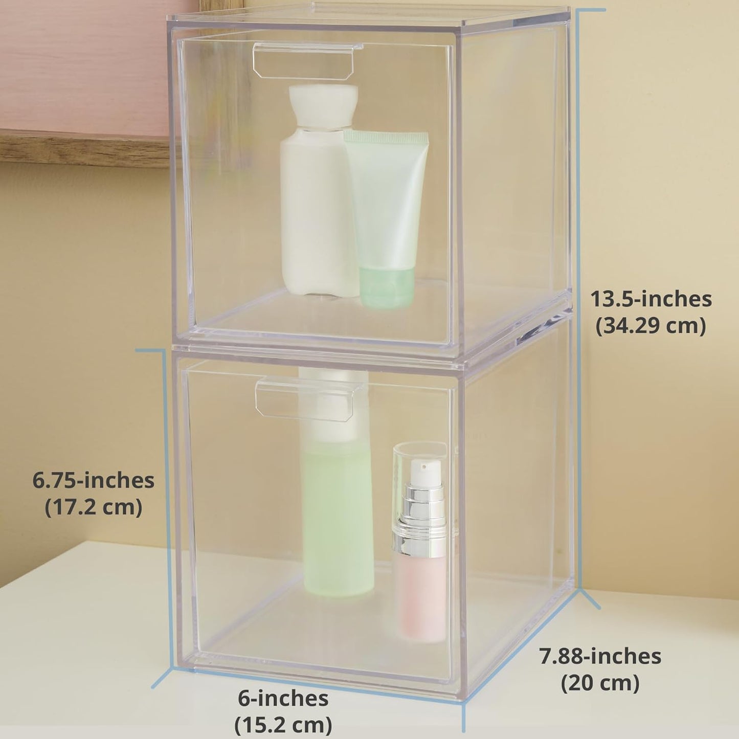 STORi Audrey Stackable Bin Clear Plastic Organizer Drawers | 2 Piece Set | Organize Cosmetics and Beauty Supplies on a Vanity | Made in USA