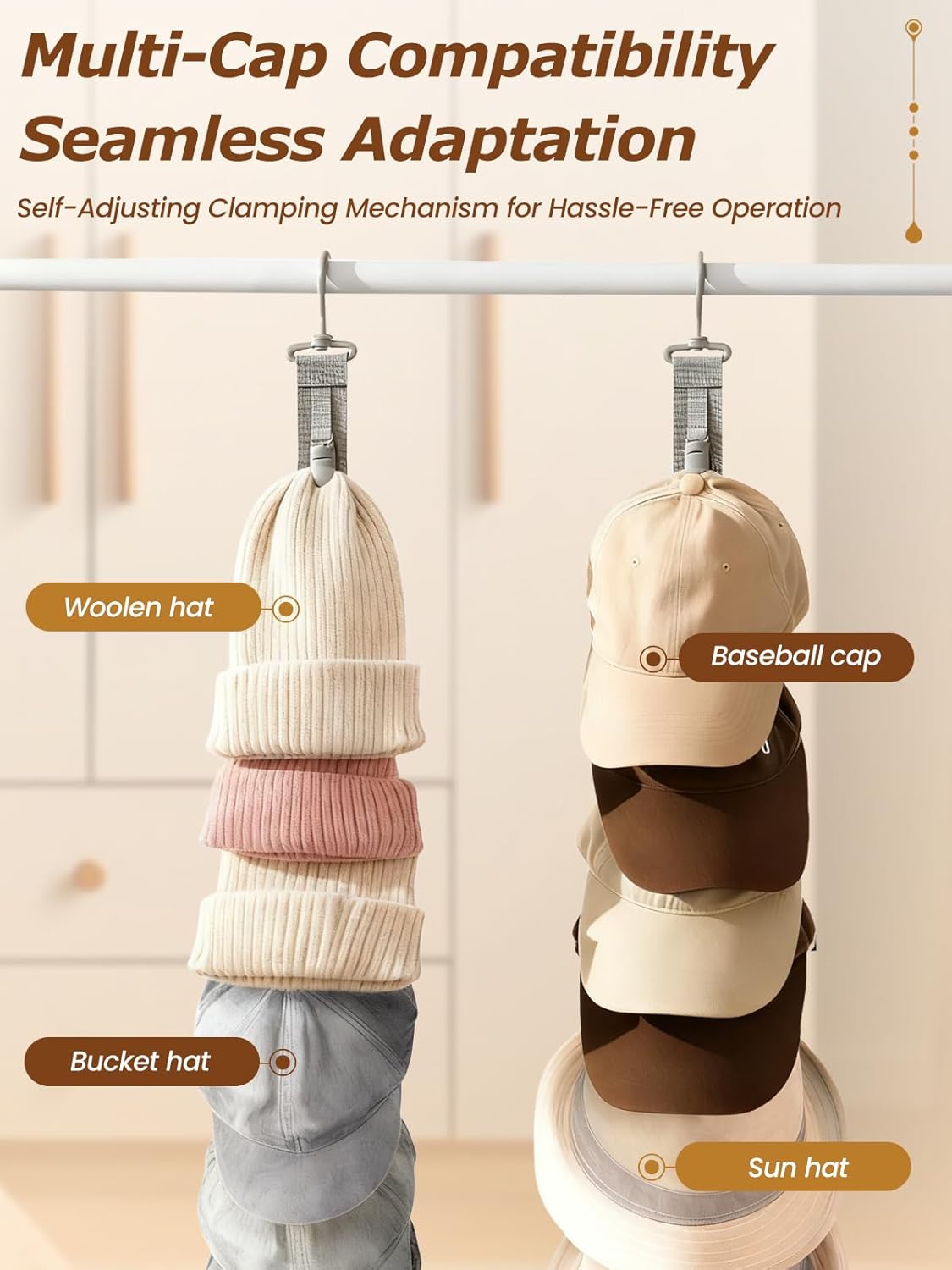 Over the Door Hat Rack - 8 Rotatable Clips Cap Organizer, Foldable Hanging Storage Holds Up to 8 Hats, Space-Saving for Baseball Caps, Closet, Bedroom, Door (Khaki,2-Pack)
