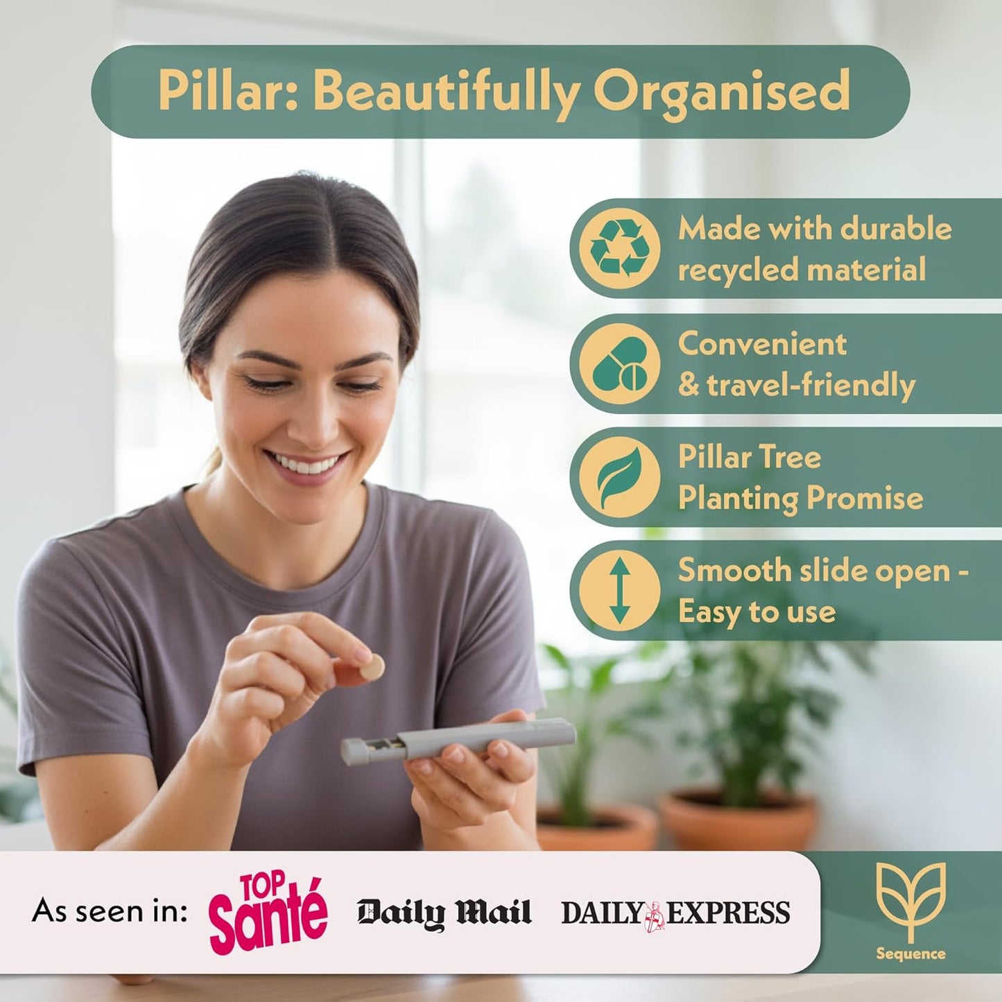 Pillar - 7-Day Pill Organizer | Weekly Medicine Pill Container Travel Box - Aesthetic Medication Holder - Stylish Travel Pill Case - Cute Small Medication Organizer 7 Day for Women (Sage Green)