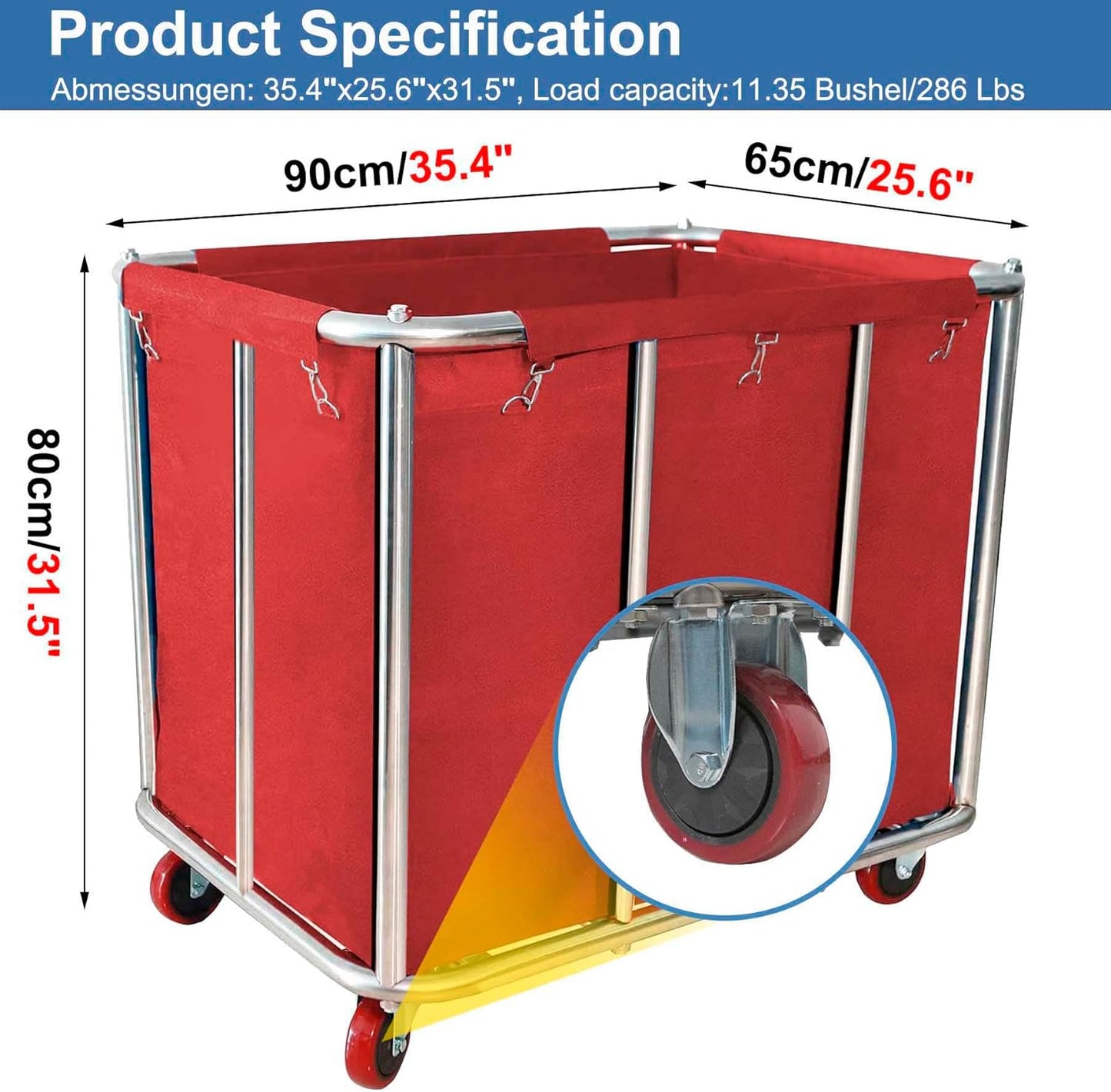 Laundry Cart Commercial,11.35 Bushel Large Industrial Rolling Laundry Hamper with 4 Inch Wheels,Household Heavy Duty Laundry Baskets with Stainless Steel Frame, 286 LBS Weight Capacity