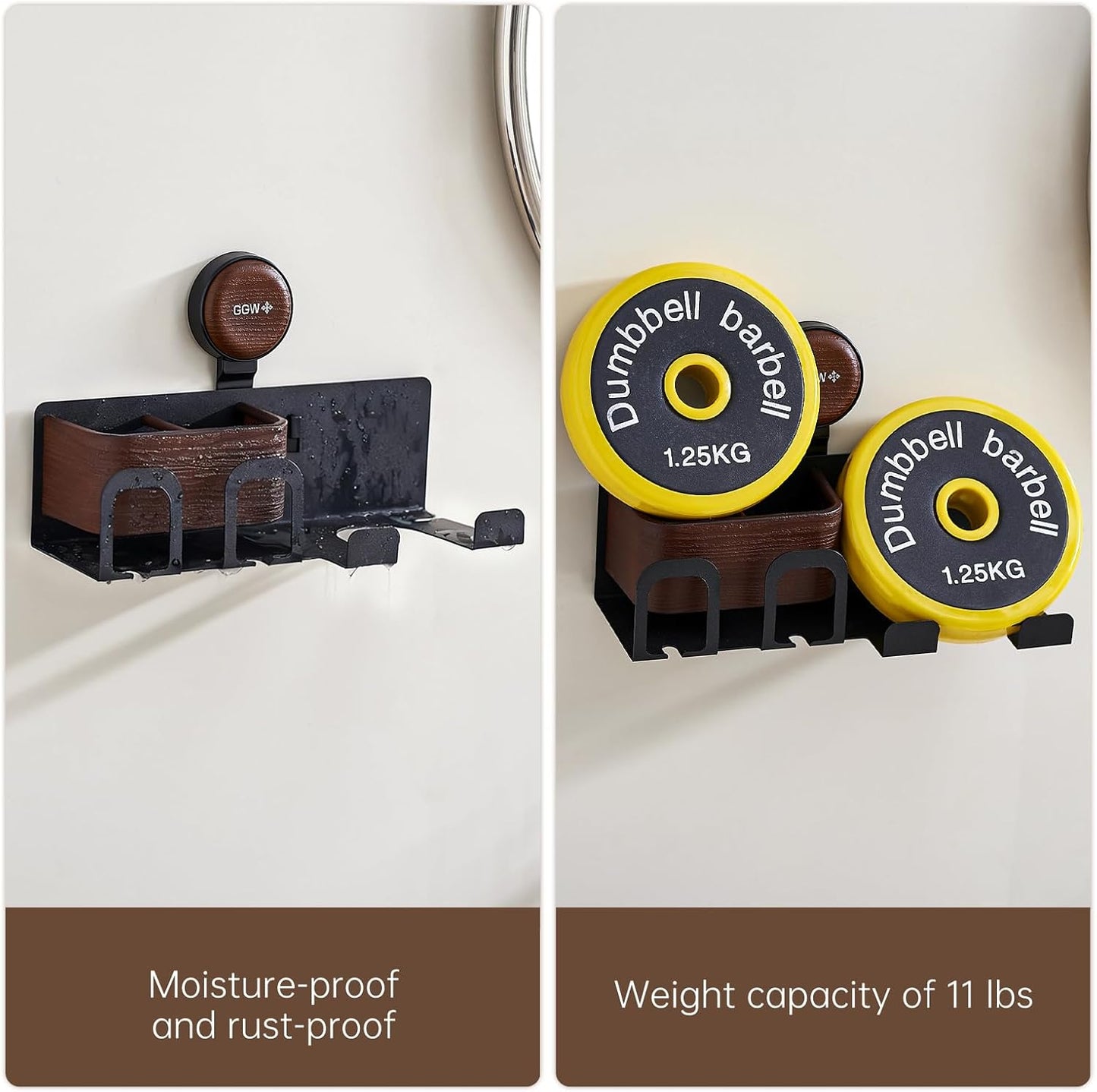 Hair Dryer Holder Wall Mount with Suction Cup, No-Drill Metal Blow Dryer Holder, Hair Accessories Tools Organizer Rack with 3 Toothbrush Hanger & Shelf, Walnut Finish for Bathroom