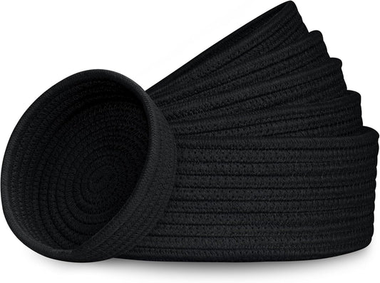 Small Shelf Storage Baskets for Organizing, 6 Pack Round Cotton Rope Bins, Decorative and Cute Woven Baskets for Bedroom and Closet, Key Tray Bowl, Home Decor Countertop Organizer (Black)