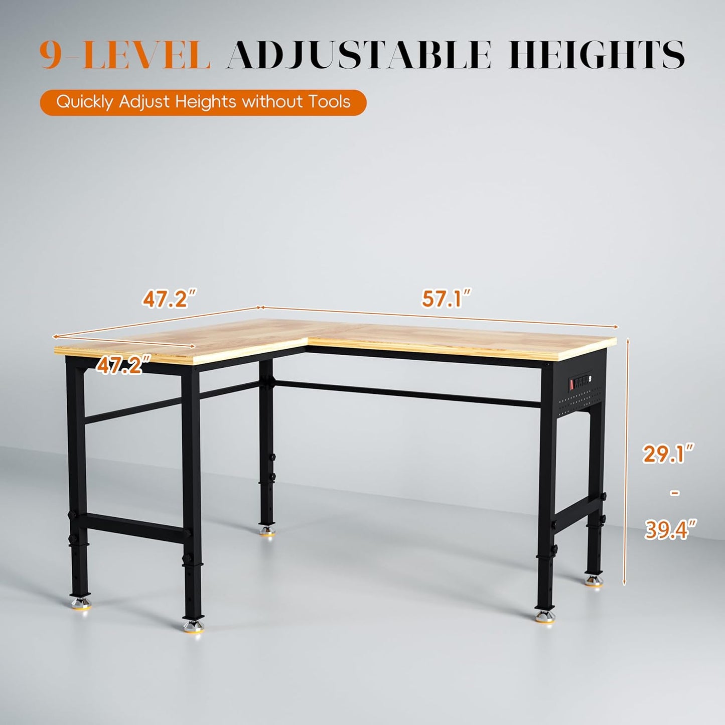 Betterhood 48"/60" Heavy-Duty Adjustable Workbench for Garage, Rubber Wood Shop Table,Hardwood Workstation Weight Capacity Over 1500 Lbs (L Shape/Rubber Pad/Power Outlets/Ruler/57.1" x47.2)