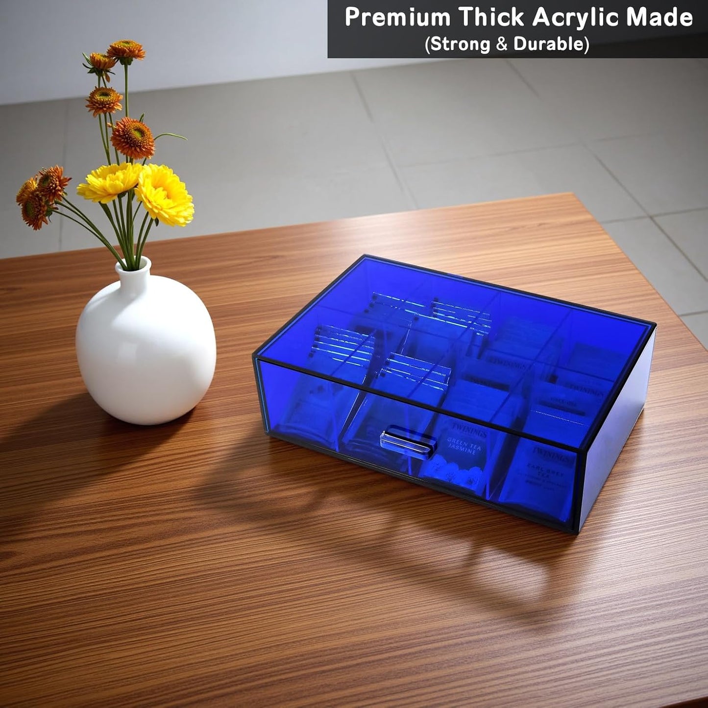 Acrylic Tea Bag Organizer and Storage Box Stackable Tea Bag Holder with Drawer for Countertop, Navy Blue