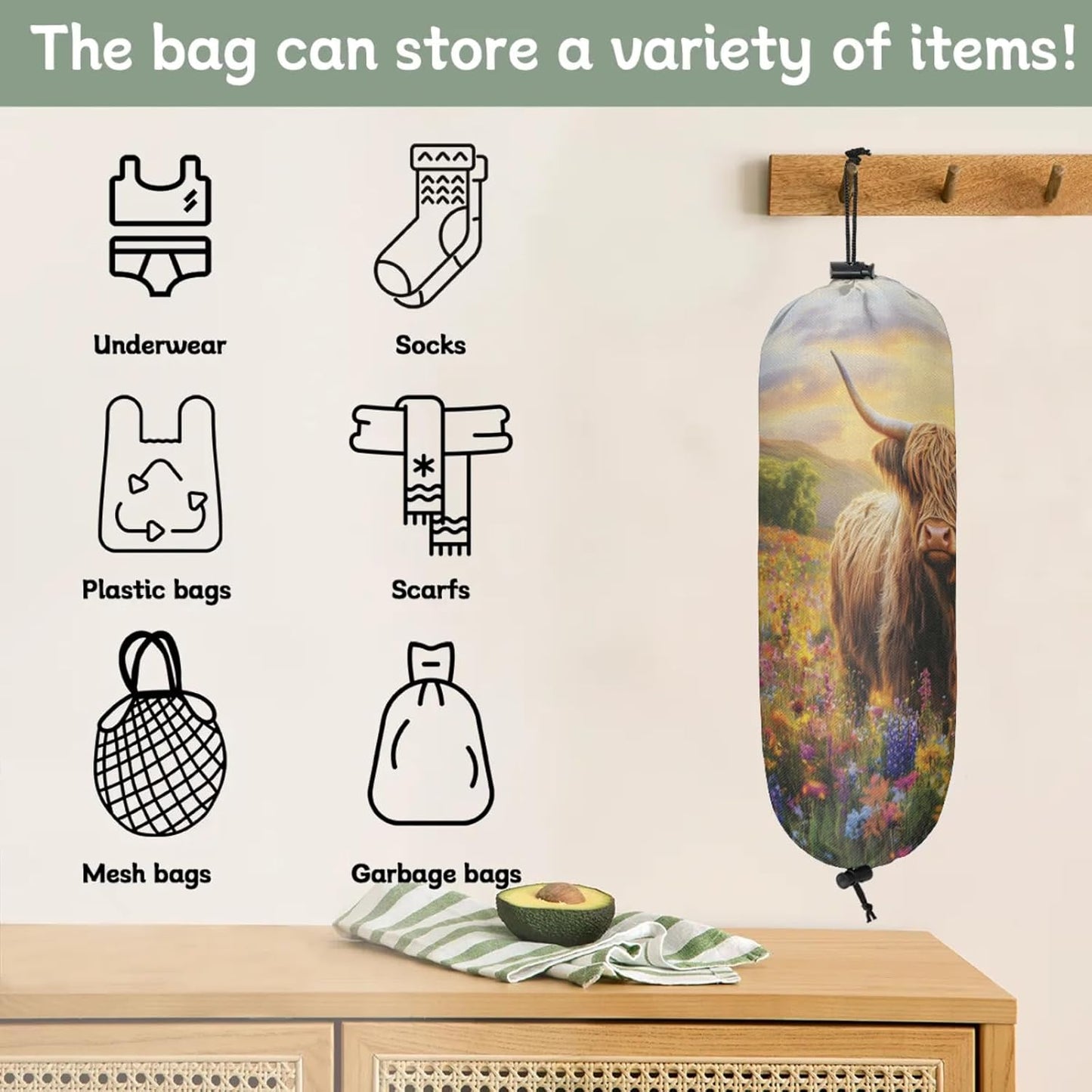 Farmhouse Highland Cow Plastic Bag Holder 2 Pcs Grocery Bag Organizer Reusable Trash Bags Organizer Wall Mount Washable Kitchen Dispenser Holders with Drawstring Closure