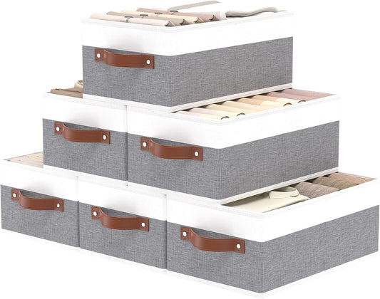 OUTBROS Storage Bins, Foldable Storage Baskets for Organizing,Fabric Storage Boxes With Handles,For bedrooms, living rooms, Shelves,Gray/White,16.1x6.5x9.8in,6-Pack